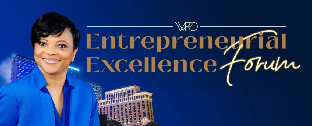 A headshot of Principal Brenda Doles is in front of several hotels in Las Vegas, and beside the event title, "WPO Entrepreneurial Excellence Forum."