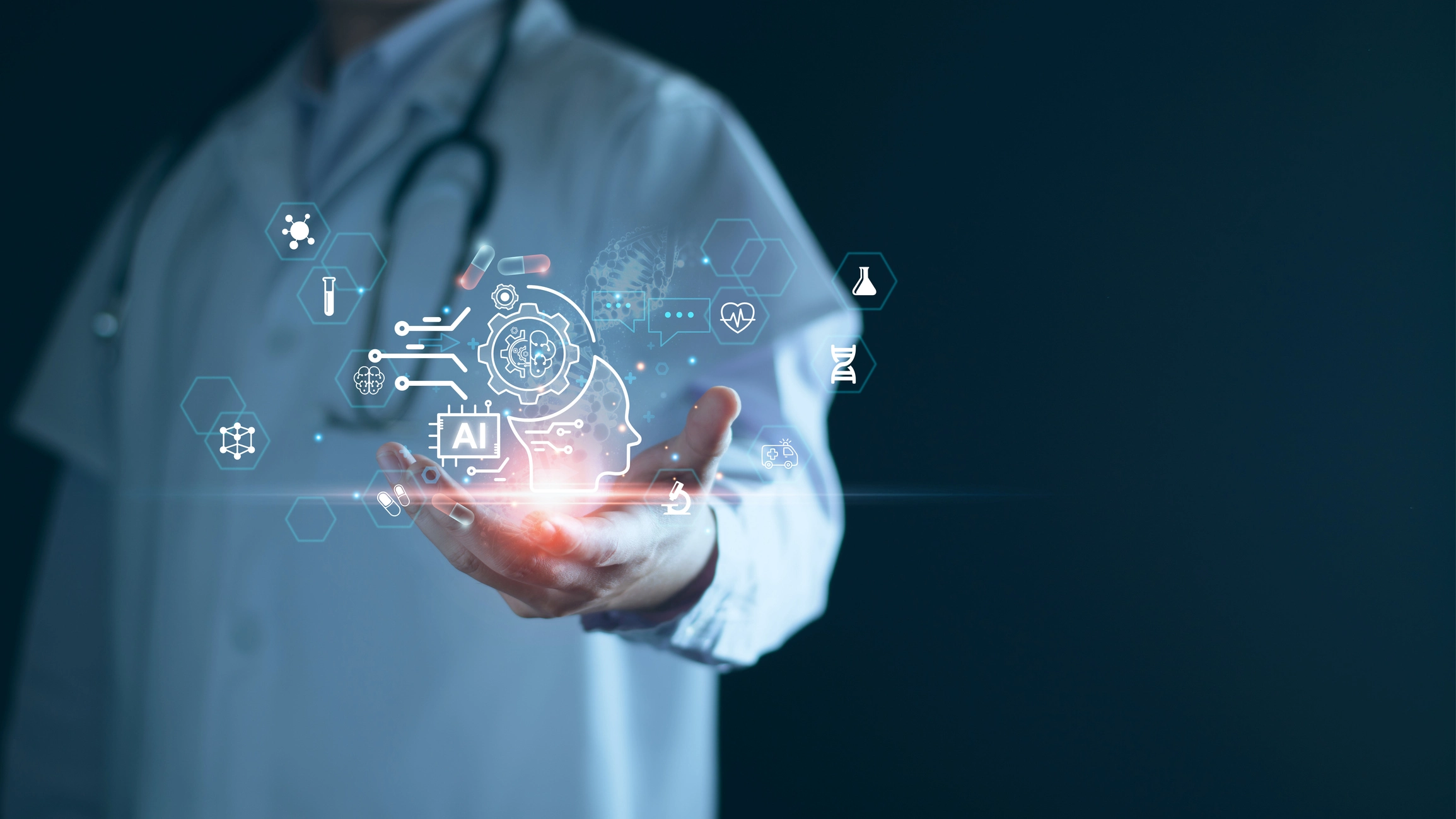 AI medical coding concept: a healthcare worker holds a glowing, digital display of medical icons, cogs, and a chip labeled AI in their outstretched hand.