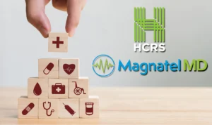 A hand arranges building blocks with printed medical icons into a tower beside the logos for HCRS and MagnatelMD.